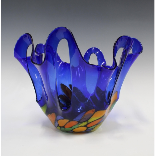 311 - Large blue art glass bowl with coloured inclusions, 32 x 26cm