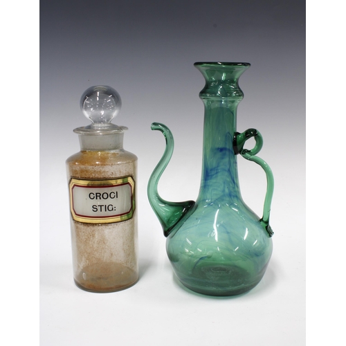 317 - Glass pharmacy bottle and stopper, labelled CROCI STIG: and an art glass  ewer, signed  (2)