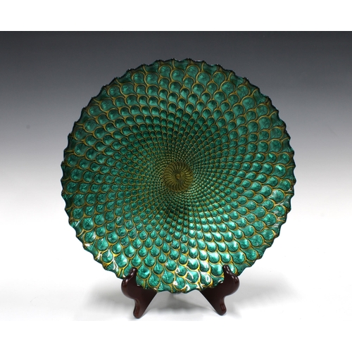 318 - Reverse painted glass peacock feather bowl, 33cm