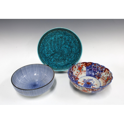 322 - Imari bowl, 22cm diameter, together with a blue and white Japanese bowl and a blue Turkish plate (3)