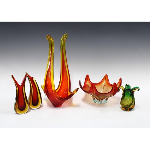 324 - Collection of coloured art glass to include Murano, etc, tallest 34cm (5)