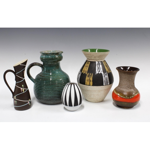 Two West German retro vases, together with a studio pottery jug, 21cm, and a smaller jug and vase (5)