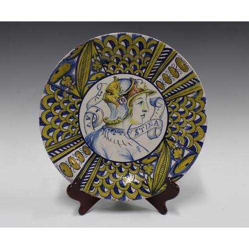 331 - Deruta Majolica charger, painted with the bust of a soldier in profile, a/f with rim chip, 31cm