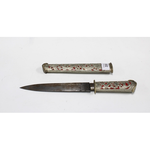 332 - Small Tibetan style dagger with white metal sheaf,  30cm