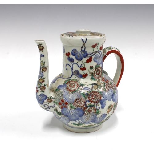 334 - Chinese ewer, painted with a snake, flowers, and insects, a/f with damage to cover and body restored... 