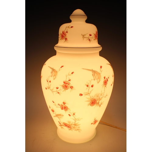 357 - An opaque glass table lamp with cover, painted with birds and flowers, 43cm