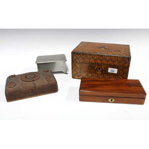 359 - Marquetry box, 25 x 13 x 18cm, a/f, together with a pewter box, a carved wooden box, and another (4)