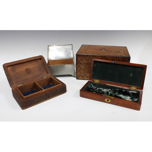 359 - Marquetry box, 25 x 13 x 18cm, a/f, together with a pewter box, a carved wooden box, and another (4)