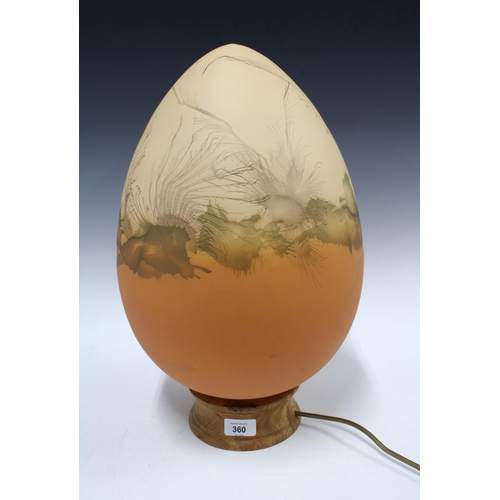 360 - An opaque glass egg shaped and with painted decoration, table lamp, on a wooden base, 46cm