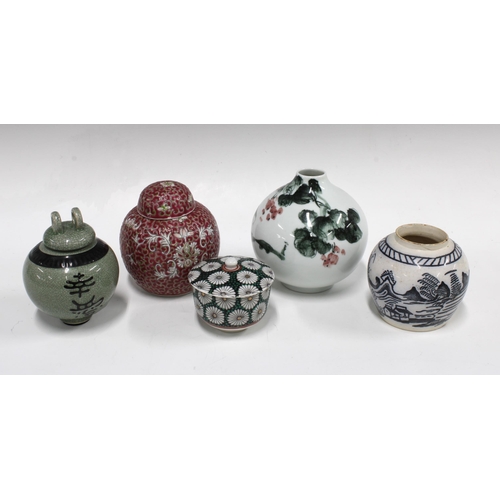 366 - Chinese & Japanese pottery, including two ginger jars, tallest 12cm, one with cover missing, a vase,... 