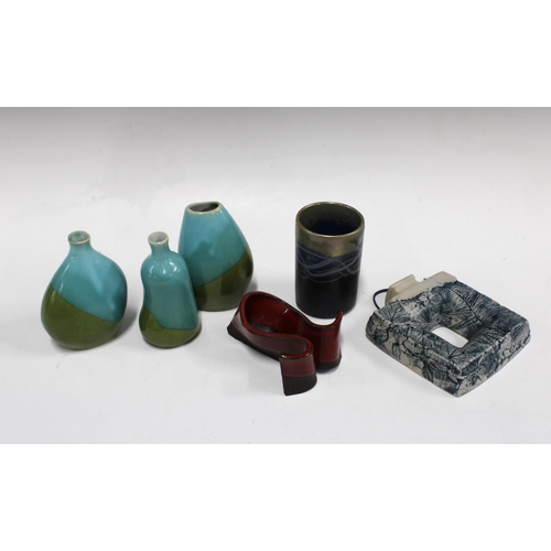 367 - MARGERY CLINTON (SCOTTISH, 1931-2005), small lustre glazed vase,  three blue and green vases, a Mala... 