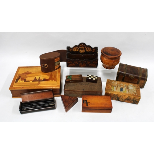 371 - Collection of wooden boxes, various shapes and size, pokerwork letter rack, etc