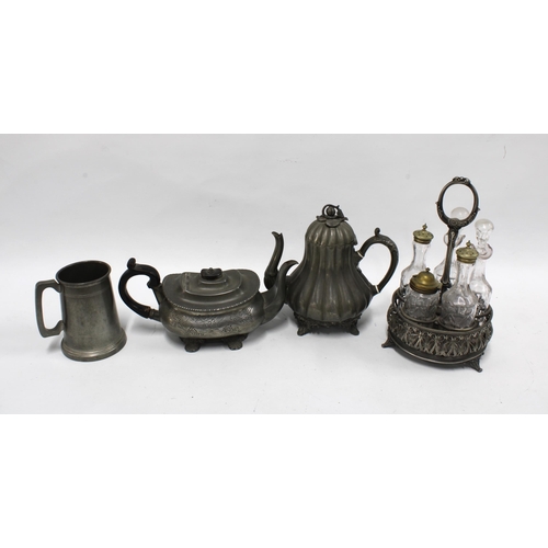 373 - Two pewter tea pots, taller 21cm, together with a pewter tankard and a silver plated condiment set w... 