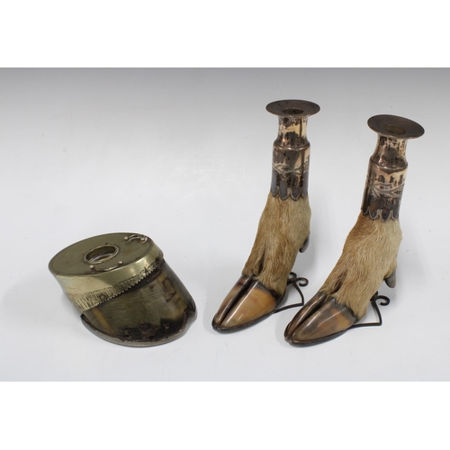 376 - Two deer hoof candlesticks with silver plated mounts, 21cm, together with a horse hoof candle holder... 