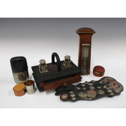 386 - Writing box with glass inkwells and one drawer, together with a small wall barometer, a leather hors... 