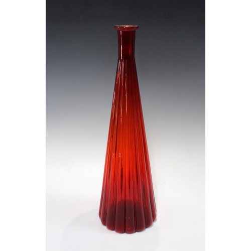 387 - A tall art glass vase, red with reeded pattern, 49cm