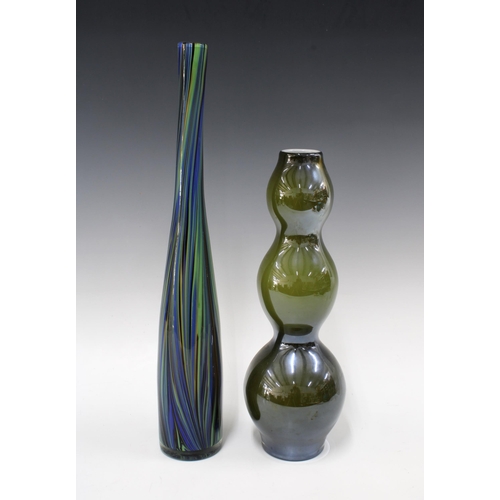 388 - A tall blue and green marbled art glass vase, 47cm, together with a green triple gourd glass vase, 3... 