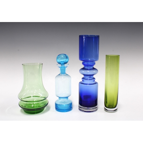 392 - Riihimaen Lasi Oy style art glass vase and two others, together with a blue bottle with stopper , ta... 