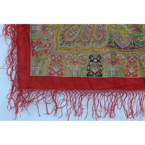 396 - Paisley Shawl with red fringed border, 165 x 165cm