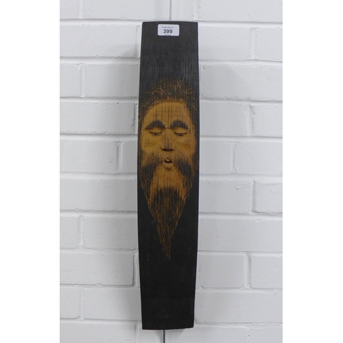 399 - Oak whisky stave carved with a bearded face, 11 x 58cm