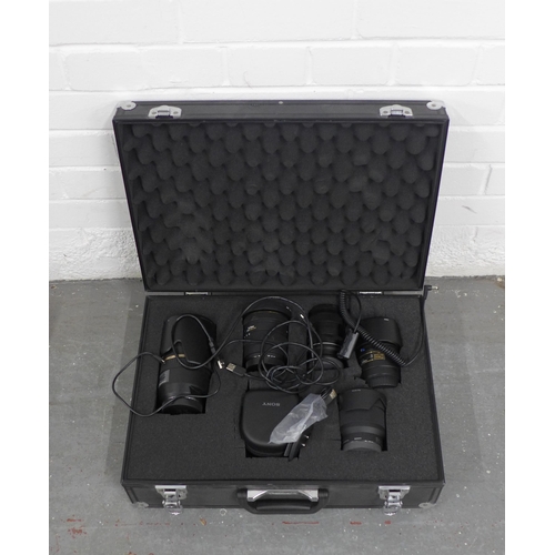 403 - Metal case containing five camera lenses and an e-mount, including a Tamron 70 - 300mm F/4-5.6; Tamr... 