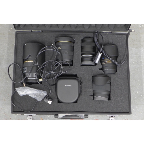 403 - Metal case containing five camera lenses and an e-mount, including a Tamron 70 - 300mm F/4-5.6; Tamr... 