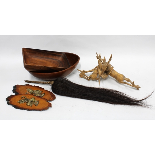 408 - Two hardwood bowls, larger 37 x 9cm, together with a carved wood fighting antelope sculpture,  a hor... 