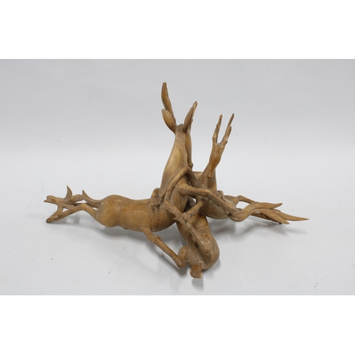 408 - Two hardwood bowls, larger 37 x 9cm, together with a carved wood fighting antelope sculpture,  a hor... 