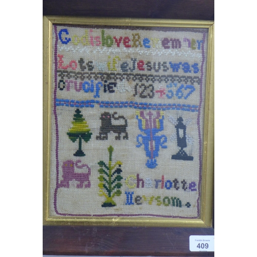 409 - Framed embroidery sampler, God is Love by Charlotte Newsom, 21 x 26cm, together with a Victorian alp... 