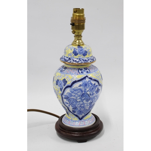 413 - Small Chinese blue and white table lamp with yellow flowers,  28cm