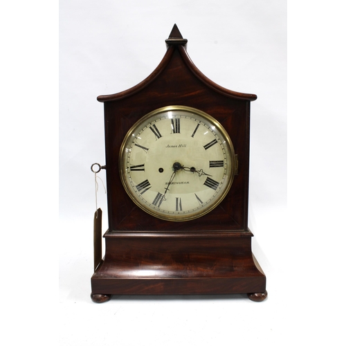 415 - 19th century mahogany pagoda top bracket clock, the dial signed James Hill , 33 x 51cm