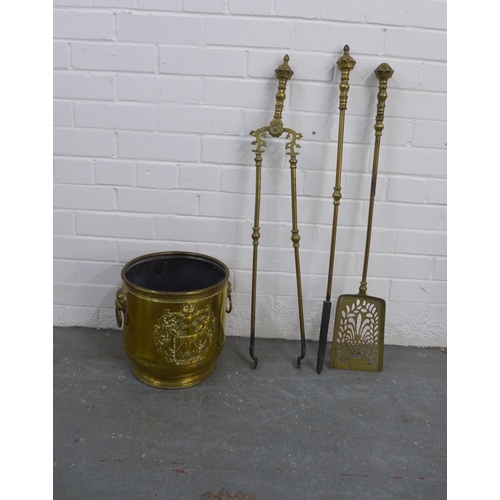 421 - Brass planter, 28 x 27cm, together with a fireside tool set (4)