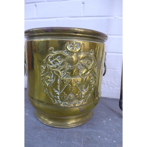 421 - Brass planter, 28 x 27cm, together with a fireside tool set (4)