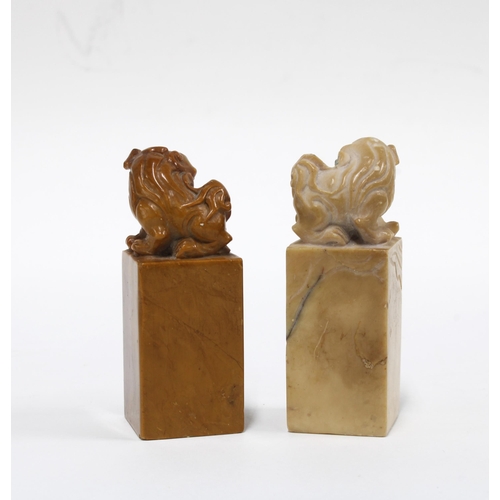 437 - Two Chinese soapstone lion seals, 7cm.