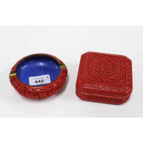 440 - A cinnabar lacquered box and ashtray, 9.5cm. (2)