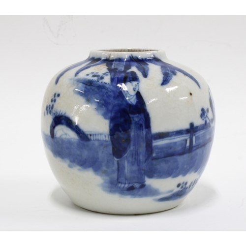 445 - Chinese Blue and white jar, painted with a scholar and other figures, 15 x 13cm.