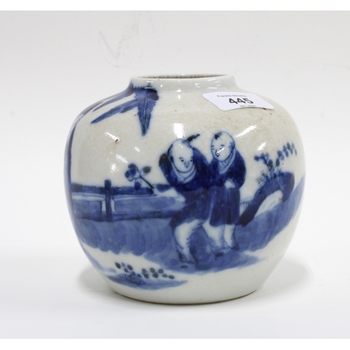 445 - Chinese Blue and white jar, painted with a scholar and other figures, 15 x 13cm.