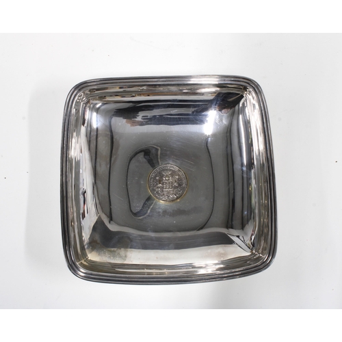 58 - German silver dish, square form with a coin insert, makers mark for Gustav Benecte, 20cm