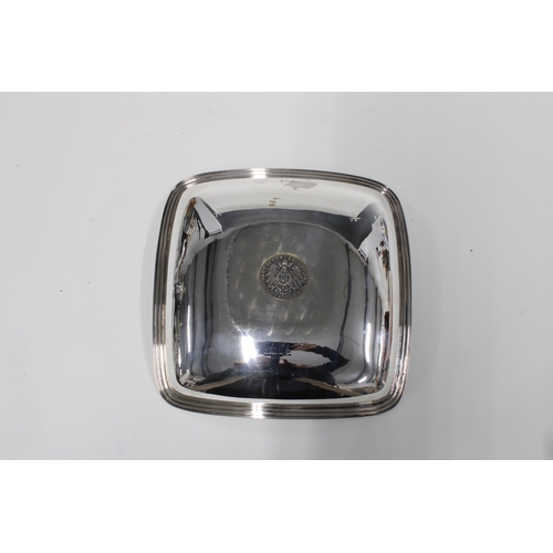 58 - German silver dish, square form with a coin insert, makers mark for Gustav Benecte, 20cm