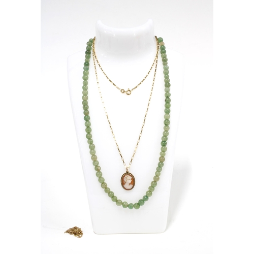 61 - 9ct gold chain necklace with an unmarked Cameo pendant together with a strand of jade beads