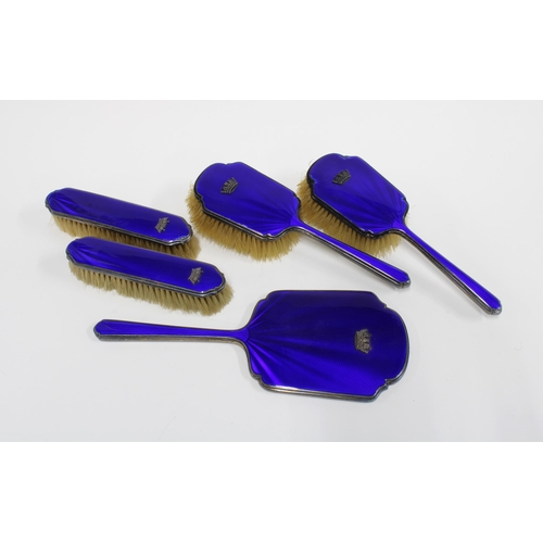 63 - George VI silver and enamel dressing table brush set, Chester 1939  (5)