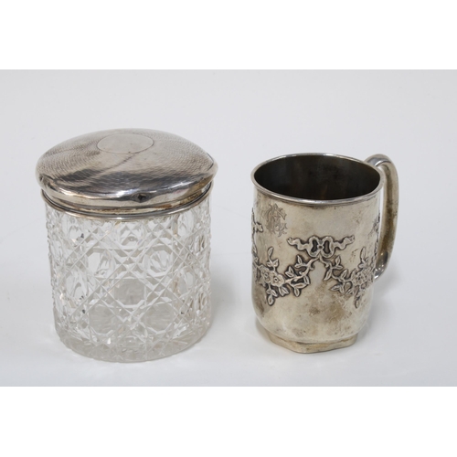 68 - An Edwardian silver Christening mug, London 1906 together with a silver topped glass jar, 10cm (2)