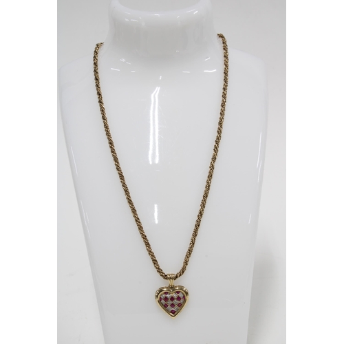 7 - 9ct gold diamond and ruby heart shaped pendant on a 9ct gold rope twist chain