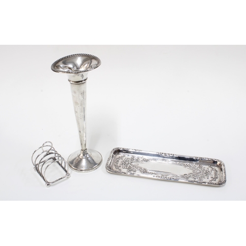 70 - Sheffield silver toast rack and embossed silver pen tray together with a white metal solifleur vase ... 