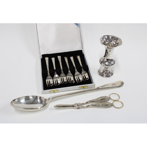 75 - Birmingham silver vase and an Epns serving spoon and pastry forks and scissors, etc