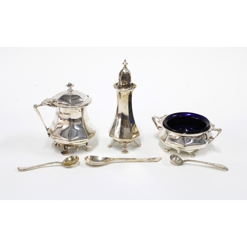 76 - Edwardian silver eight part cruet set, cased, Elkington & Co, Sheffield 1906