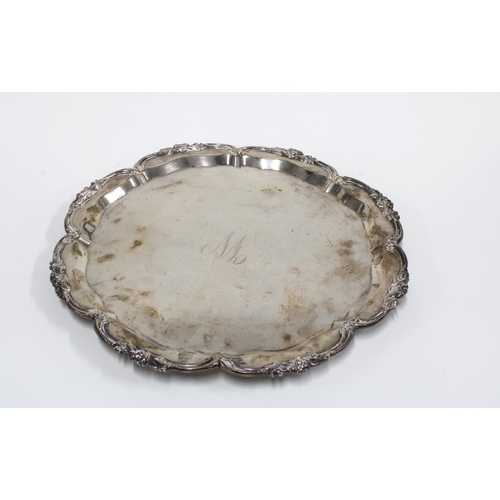 79 - George Vi silver tray, circular outline with scrolling floral edge, engraved initial to centre, on t... 