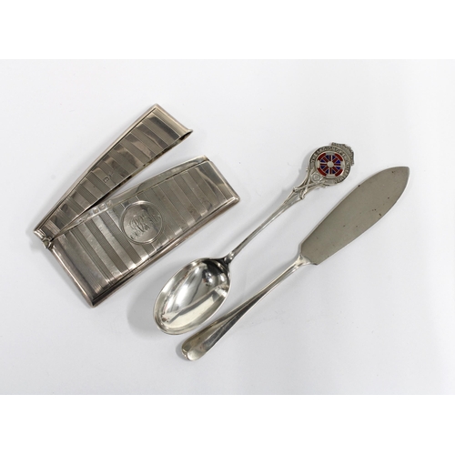 92 - George V silver card case, Birmingham 1914 together with a Legion of Frontiersmen silver spoon by El... 