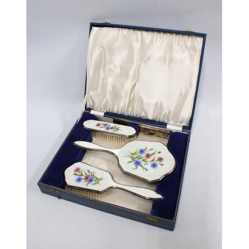 93 - Early 20th century white metal and enamel backed dressing table brush set by Henry Clifford Davis, i... 