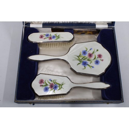 93 - Early 20th century white metal and enamel backed dressing table brush set by Henry Clifford Davis, i... 